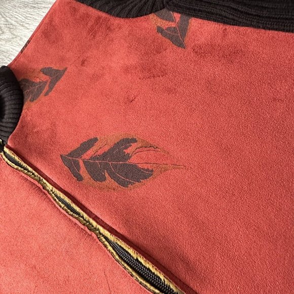 ROBERT KITCHEN CANADA Faux Suede Orange Brown Leaf Full Zip Cardigan Size Large - Picture 4 of 11